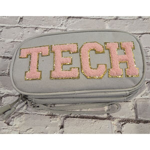 TECH Organizer Bag, Gray And Pink, Zipper Closures, Two Pockets, Wristlet Strap
